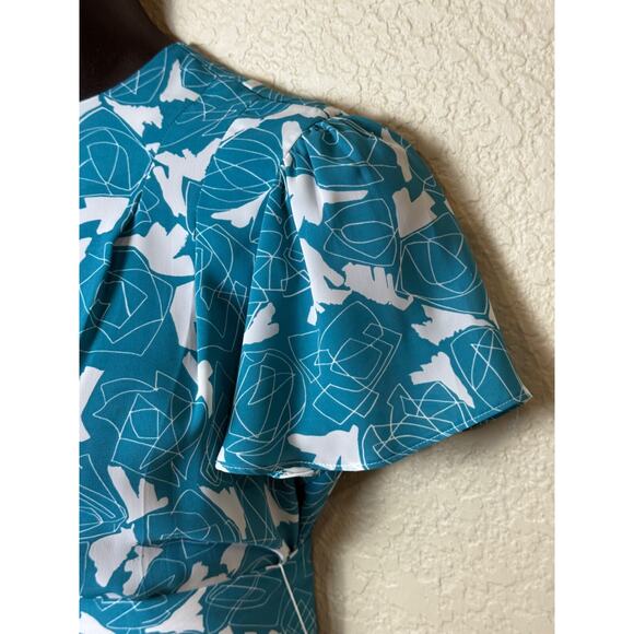 Teal Blue White 80's Dress Wide Belt Sz 10 12 Geometric New Wave Flutter Sleeve - Picture 4 of 7
